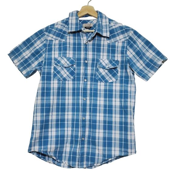 Anchor Blue | Short Sleeve Blue Plaid Snap Front Shirt - Picture 1 of 6